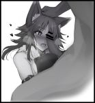  1boy 1girl aki_makoto animal_ears arm_strap bangs bare_shoulders blush breasts collar erection fur_trim greyscale heart large_breasts medium_hair metal_collar mobu monochrome open_mouth paizuri penis petting princess_connect! princess_connect!_re:dive sidelocks simple_background white_background wolf_ears wolf_girl 