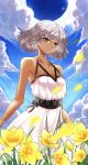  1girl absurdres altera_(fate) bare_shoulders casul cloud cloudy_sky collarbone dark_skin day dress english_commentary fate/grand_order fate_(series) flower grey_hair highres huge_filesize long_dress looking_at_viewer petals red_eyes short_hair sky sleeveless sleeveless_dress smile solo tattoo yellow_flower 
