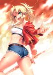  1girl ass bandeau bangs bare_shoulders belt blonde_hair braid breasts clarent cutoffs denim denim_shorts fate/apocrypha fate_(series) french_braid green_eyes hair_ornament hair_scrunchie jacket long_hair long_sleeves looking_at_viewer mordred_(fate) mordred_(fate)_(all) off_shoulder open_clothes open_jacket open_mouth parted_bangs ponytail red_jacket red_scrunchie scrunchie shorts sidelocks small_breasts smile solo sword thighs weapon zen 