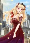  1girl absurdres artist_name bangs bare_shoulders black_headwear blonde_hair blush box bracelet castle choker dress earrings english_commentary ereshkigal_(fate/grand_order) fate/grand_order fate_(series) gift gift_box hair_ribbon highres infinity jewelry lace lace-trimmed_dress long_hair looking_at_viewer open_mouth parted_bangs petals pixiv_fate/grand_order_contest_1 red_choker red_dress red_eyes red_ribbon ribbon ryuuneart solo strapless strapless_dress tiara two_side_up valentine wavy_mouth 