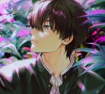  1boy bangs black_hair black_jacket brown_eyes commentary_request flower frown highres hyouka jacket looking_to_the_side mery_(apfl0515) oreki_houtarou shirt short_hair solo white_shirt 