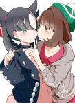  2girls black_hair black_jacket black_nails brown_hair cheek_kiss choker chorimokki finger_to_mouth grey_cardigan hair_ribbon hat jacket kiss looking_at_another mary_(pokemon) multiple_girls pokemon pokemon_(game) pokemon_swsh ribbon tam_o&#039;_shanter twintails upper_body yuri yuuri_(pokemon) 