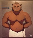  2020 absurd_res anthro belly brown_body brown_fur cute_fangs fur hi_res kemono male mammal moobs navel nipples piero03432812 slightly_chubby solo towel 