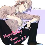  1boy birthday black_pants blonde_hair brown_footwear closed_mouth dated facial_hair happy jean_kirchstein kakiba518 medium_hair pants shingeki_no_kyojin shirt sideburns sitting smile solo twitter_username undercut white_shirt yellow_eyes 