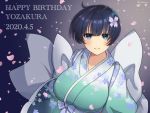  1girl 2020 birthday blue_eyes blue_hair breasts cherry_blossoms commentary dated downscaled flower hair_flower hair_ornament happy_birthday large_breasts lemonrou looking_at_viewer lowres md5_mismatch replaceme resized senran_kagura short_hair yozakura_(senran_kagura) 