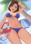  1girl :d =d absurdres adjusting_eyewear arm_up ball bangs bare_arms beachball bikini blue_bikini blue_sky blush braid breasts brown_eyes brown_hair cloud eyewear_on_head front-tie_bikini front-tie_top hair_between_eyes halterneck highres holding_beachball idolmaster idolmaster_cinderella_girls idolmaster_cinderella_girls_starlight_stage looking_at_viewer medium_breasts mizuki_seira navel o-ring o-ring_bikini onao open_mouth outdoors palm_tree see-through short_hair side-tie_bikini sky smile solo sunglasses swimsuit thighs tree umbrella underboob 