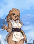  2018 anthro belt black_nose breasts brown_body brown_eyes brown_fur brown_hair clothed clothing detailed_background eyebrows eyelashes female fur hair krakenparty long_hair mountain open_mouth outside signature snow snowing solo star_wars traditional_media_(artwork) wookiee 
