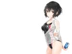  black_hair breasts brown_eyes drink original peko see_through short_hair skintight swimsuit wet white 