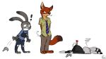  ! 2018 anthro barefoot bottomwear brown_body brown_fur clothed clothing disney ear_markings facial_markings fully_clothed fur ggchristian grey_body grey_fur group head_markings jack_savage judy_hopps lagomorph leporid mammal markings necktie nick_wilde on_ground pants rabbit shirt simple_background standing topwear tranquilizer white_background zootopia 