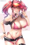  1girl artist_name azur_lane bangs belt bikini bikini_under_clothes black_choker black_shorts blush bracelet breasts bremerton_(azur_lane) choker cleavage collarbone cowboy_shot english_commentary eyewear_on_head front-tie_top gradient_hair grey_belt grey_hair grey_shirt hair_between_eyes jewelry large_breasts lifebuoy long_hair looking_at_viewer midriff mole mole_on_breast mole_under_eye multicolored_hair nail_polish nose_blush patreon_username pink_bikini pink_eyes pink_hair pink_lips pink_nails pulled_by_self red-tinted_eyewear rei_kun shirt shirt_pull short_shorts shorts side-tie_bikini sidelocks signature single_bare_shoulder skindentation solo standing stomach streaked_hair sweat swimsuit thighhighs thighs tongue tongue_out twintails two-tone_hair underboob unzipped watermark web_address 