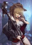  1girl absurdres animal_ears arknights bangs black_jacket black_nails breasts brown_eyes brown_hair candy choker cleavage collarbone commentary_request eyebrows_visible_through_hair food fur_trim hair_between_eyes highres holding holding_weapon jacket large_breasts lion_ears lollipop long_hair long_sleeves looking_at_viewer nkmr8 outdoors ponytail revision shorts siege_(arknights) solo tank_top weapon 