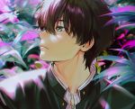  all_male black_hair close cropped green_eyes hyouka leaves male mery_(apfl0515) oreki_houtarou school_uniform short_hair 