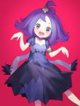  1girl :3 acerola_(pokemon) armlet blush collarbone dress elite_four flipped_hair hair_ornament highres ie_(_raarami_) looking_at_viewer open_mouth pokemon pokemon_(game) pokemon_masters pokemon_sm purple_eyes purple_hair red_background short_hair short_sleeves simple_background smile solo stitches topknot trial_captain 