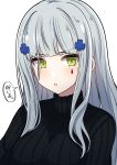  1girl bangs black_sweater blue_hair blush breasts girls_frontline green_eyes highres hk416_(girls_frontline) long_hair looking_at_viewer open_mouth solo speech_bubble sweater translation_request turtleneck white_background yuki_shiro 