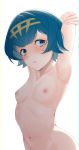  1girl armpits arms_up blue_eyes blue_hair blush breasts cowboy_shot eyebrows_visible_through_hair eyelashes freckles hairband highres komadera looking_at_viewer navel nipples nude parted_lips pokemon pokemon_(game) pokemon_sm short_hair simple_background small_breasts solo stretch suiren_(pokemon) wet white_background 