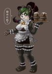  3_toes 4_fingers anthro apron black_clothing black_hair black_nose blizzard_entertainment breasts clothed clothing female fingers frilly frilly_apron frilly_clothing full-length_portrait green_eyes hair hi_res holding_tray looking_at_viewer mammal menhou pak_choi pandaren portrait solo speech_bubble teeth text toes tray ursid video_games warcraft 