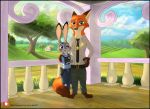  anthro black_bars canid canine clothing detailed_background disney duo female fox judy_hopps lagomorph leporid letterbox link6432 male mammal nick_wilde rabbit simple_background zootopia 