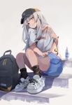  1girl backpack bag black_legwear bottle cape character_request denim denim_shorts earrings grey_background hibiki_(kantai_collection) highres jeans jewelry kantai_collection long_hair looking_at_viewer miyabino_(miyabi1616) orange_eyes pants shirt shoes shorts silver_hair sitting sitting_on_stairs smile sneakers socks solo stairs tattoo white_footwear white_shirt 