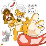  1:1 anthro between_the_lions chef chef_hat cleo_(between_the_lions) click_the_mouse_(between_the_lions) clothing cooking feet felid female food foot_focus group hat headgear headwear hi_res hindpaw jewelry lazerzoid_(artist) lion male mammal meat mouse murid murine necklace pantherine paws rodent rolling_pin theo_(between_the_lions) 