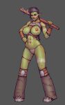  2019 abs black_hair bodypaint boobsgames boots breasts clothed clothing club_(weapon) exposed_breasts female footwear green_body green_skin hair hi_res humanoid humanoid_pointy_ears melee_weapon not_furry orc panties simple_background skimpy solo tusks underwear weapon 