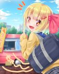  +_+ 1girl :d alternate_costume arm_up bag bangs banner barrette blonde_hair blue_sailor_collar blue_sky blurry blurry_background carrying_over_shoulder cityscape cloud commentary_request crepe day eyebrows_visible_through_hair fang food food_truck hair_ribbon highres hungry looking_at_viewer looking_back notice_lines open_mouth outdoors plaid plaid_skirt pointing red_eyes ribbon rody_(hayama_yuu) rumia sailor_collar school_bag school_uniform sett short_hair sign skin_fang skirt sky sleeves_past_wrists smile solo sparkle standing stomach_growling sweater touhou upper_body yellow_sweater 