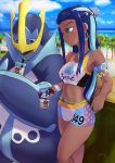  1girl armlet artist_name beach bellaraika belly_chain blue_eyeshadow blue_gloves blue_hair blue_neckwear blue_sky blurry blurry_background bubble_tea cloud cloudy_sky commentary cup dark_skin day depth_of_field disposable_cup drinking_straw earrings empoleon eyelashes eyeliner eyeshadow gen_4_pokemon gloves green_eyes gym_leader hair_bun highres holding holding_cup hoop_earrings jewelry logo long_hair looking_at_another makeup multicolored_hair nail_polish navel necklace ocean outdoors palm_tree parted_lips pokemon pokemon_(creature) pokemon_(game) pokemon_swsh rurina_(pokemon) signature single_glove sky standing swimsuit tankini tied_hair tree two-tone_hair wooden_railing wristband 