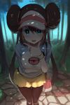  1girl :3 :d blue_eyes blush breasts brown_hair double_bun forest from_above greatmosu highres large_breasts long_hair looking_at_viewer mei_(pokemon) nature open_mouth pantyhose pokemon smile solo tree twintails visor_cap 