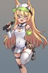  1girl :d animal_ear_fluff animal_ears azur_lane bache_(azur_lane) bache_(showy_sports_star)_(azur_lane) ball bangs black_footwear blonde_hair blush breasts cleavage cleavage_cutout collared_shirt commentary detached_sleeves english_commentary eyebrows_visible_through_hair fangs goggles grey_background heart_cutout highres holding holding_ball kemonomimi_mode long_hair long_sleeves looking_at_viewer miya_(pixiv15283026) open_mouth pleated_skirt purple_eyes racket shirt shoes simple_background single_thighhigh skirt sleeveless sleeveless_shirt small_breasts smile solo standing standing_on_one_leg tennis_ball tennis_racket thighhighs two_side_up very_long_hair visor_cap white_headwear white_legwear white_shirt white_skirt white_sleeves 