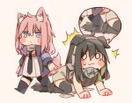  0_0 2girls ahoge all_fours animal_ear_fluff animal_ears armband artist_request black_legwear blue_eyes blush_stickers cat_ears cat_girl cat_tail chibi closed_mouth dog_ears dog_girl dog_tail dress girls_frontline green_hair headphones highres jacket long_hair m4a1_(girls_frontline) mismatched_legwear multiple_girls necktie pink_hair simple_background single_thighhigh st_ar-15_(girls_frontline) tail thigh_strap thighhighs walking white_dress 