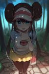 1girl :3 :d blue_eyes blush breasts brown_hair double_bun forest from_above greatmosu highres large_breasts long_hair looking_at_viewer mei_(pokemon) nature open_mouth pantyhose pokemon pokemon_(game) pokemon_bw2 pokemon_masters smile solo tree twintails visor_cap 