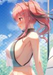  1girl :o armpits azur_lane bare_shoulders blue_sky breasts bremerton_(azur_lane) bremerton_(scorching-hot_training)_(azur_lane) chain-link_fence cloud crop_top crop_top_overhang day fence from_side hair_ornament hairclip highres large_breasts long_hair looking_away midriff multicolored_hair nijihashi_sora no_bra outdoors parted_lips pink_eyes pink_hair profile see-through shirt sideboob sky sleeveless sleeveless_shirt solo sweat twintails two-tone_hair upper_body x_hair_ornament 