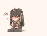  0_0 1girl ahoge animal_ears armband artist_request blush_stickers chibi dog_ears dog_girl dog_tail girls_frontline green_hair headphones highres holding_own_tail long_hair m4a1_(girls_frontline) multicolored_hair scarf simple_background sitting solo streaked_hair tail tears thighhighs 
