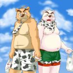  1:1 2009 anthro belly blush brown_body brown_fur clothing duo fur hand_holding humanoid_hands kemono male male/male mammal moobs navel nipples outside overweight overweight_male poisonkinoko underwear ursid 