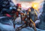  anthro armor artwork_(digital) battle dragon duo english_text felid feline female forteque magic magician male mammal melee_weapon profanity sadbitch sword text warrior weapon 