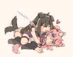  2girls ahoge anger_vein animal_ear_fluff animal_ears armband artist_request black_legwear blue_eyes blush_stickers cat_ears cat_girl cat_tail chibi closed_eyes dog_ears dog_girl dog_tail dress girls_frontline green_hair headphones heart highres jacket long_hair lying m4a1_(girls_frontline) mismatched_legwear multiple_girls necktie on_side pink_hair simple_background single_thighhigh st_ar-15_(girls_frontline) tail tail_wagging thigh_strap thighhighs tongue tongue_out white_dress 
