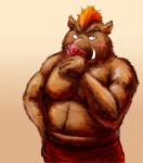  2009 anthro belly blush bottomwear brown_body brown_fur clothing fur humanoid_hands kemono male mammal overweight poisonkinoko shorts simple_background slightly_chubby solo suid suina sus_(pig) wild_boar 