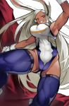  1girl 55level abs animal_ears arm_up armpits ass_visible_through_thighs attack bare_arms bare_shoulders boku_no_hero_academia breasts bunny_ears dark_skin eyelashes fur_collar grin groin highleg highleg_leotard highres impossible_clothes impossible_leotard large_breasts leotard long_hair looking_at_viewer red_eyes smile solo thighhighs thighs toned twisted_torso usagiyama_rumi very_long_hair white_hair 