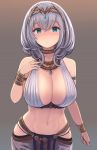  1girl aqua_eyes bare_shoulders bracelet breasts choker cleavage enumiyan gradient gradient_background grey_hair hand_up headdress highres hololive jewelry large_breasts looking_at_viewer midriff navel necklace revealing_clothes shirogane_noel short_hair sleeveless solo stomach upper_body virtual_youtuber 