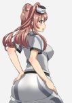  1girl breasts brown_hair grey_dres grey_eyes hair_between_eyes kantai_collection large_breasts looking_at_viewer looking_back mayura2002 ponytail remodel_(kantai_collection) saratoga_(kantai_collection) side_ponytail sidelocks simple_background smokestack_hair_ornament solo standing white_background 