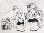  4girls aosa_(momikin) bikini breasts cleavage closed_eyes collarbone commentary_request cup drinking_glass drooling drunk facepalm hat headdress highres kantai_collection large_breasts littorio_(kantai_collection) long_hair mini_hat monochrome multiple_girls one_eye_closed pola_(kantai_collection) ponytail roma_(kantai_collection) short_hair swimsuit tilted_headwear traditional_media upper_body wavy_hair wine_glass zara_(kantai_collection) 