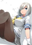  1girl arm_support blue_eyes breasts dated dutch_angle gloves grey_skirt hair_ornament hair_over_one_eye hairclip hamakaze_(kantai_collection) happa_(cloverppd) highres kantai_collection large_breasts lips pantyhose school_uniform serafuku shadow shiny shiny_hair short_hair short_sleeves silver_hair sitting skirt solo white_background white_gloves 