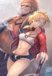  1boy 1girl bandeau bangs belt black_belt blonde_hair braid breasts brown_hair brown_shirt cigarette cleavage cleavage_cutout collarbone commentary_request cowboy_shot cutoffs denim denim_shorts eyebrows_visible_through_hair facial_hair fate/grand_order fate_(series) fur_trim goatee green_eyes grey_background grin groin hair_ornament hair_scrunchie highres holding holding_cigarette jacket jewelry long_hair long_sleeves medium_breasts midriff mordred_(fate) mordred_(fate)_(all) mouth_hold navel necklace ohako_(ohako1818) open_clothes open_jacket planted_sword planted_weapon ponytail red_jacket red_scrunchie ribbed_shirt scar scrunchie shirt shishigou_kairi short_shorts shorts sidelocks smile smoke standing stomach sunglasses sword thighs weapon 