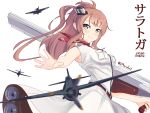  1girl aircraft airplane armpits blue_eyes blurry breast_pocket breasts brown_hair character_name cowboy_shot dated depth_of_field dress flight_deck hair_between_eyes highres kantai_collection large_breasts looking_at_viewer maridix neckerchief pocket ponytail red_neckwear saratoga_(kantai_collection) side_ponytail sidelocks simple_background smokestack smokestack_hair_ornament solo twitter_username white_background white_dress 