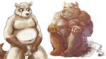  16:9 2009 anthro balls belly blush bovid bovine brown_body brown_fur canid canine cattle censored duo fur genitals kemono male mammal motogen overweight overweight_male penis poisonkinoko raccoon_dog simple_background sitting tanuki white_background widescreen 