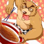  1:1 2009 anthro belly bottomwear brown_body brown_fur canid canine canis clothing domestic_dog eyewear food fur glasses humanoid_hands kemono male mammal moobs navel nipples poisonkinoko shorts slightly_chubby solo tongue tongue_out 