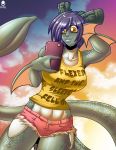  abs anthro athletic avencri big_breasts blue_hair bottomwear breasts clothed clothing dragon female freckles hair hi_res horn humanoid_face mayte reptile scalie selfie shorts snake solo 