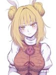  1girl bangs blonde_hair blush breasts brown_vest commentary_request double_bun eyebrows_visible_through_hair hair_ribbon head_tilt highres joutouguu_mayumi large_breasts looking_at_viewer miata_(miata8674) puffy_short_sleeves puffy_sleeves ribbon shirt short_hair short_sleeves simple_background sketch solo touhou upper_body vest white_background white_ribbon white_shirt yellow_eyes 