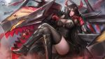  1girl aircraft airplane azur_lane bangs bare_shoulders black_hair black_legwear blush breasts brown_eyes cleavage dress eyebrows_visible_through_hair friedrich_der_grosse_(azur_lane) gloves grey_sky hair_over_one_eye horn_ornament horns kaze_no_gyouja large_breasts long_hair looking_at_viewer mechanical_horns monster red_gloves red_horns smile solo thighhighs turret very_long_hair 
