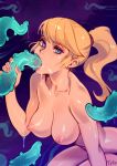  1girl areolae artist_name blonde_hair blue_eyes breasts collarbone consensual_tentacles fellatio looking_at_viewer metroid mole mole_under_mouth nipples nude optionaltypo oral ponytail samus_aran shiny shiny_skin slime solo tentacles 