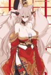  1girl animal_ear_fluff animal_ears azur_lane bangs bare_shoulders between_breasts breasts brown_hair character_doll cleavage commentary cowboy_shot crossed_bangs detached_collar dishwasher1910 fox_ears fox_girl fox_tail hair_between_eyes hair_ornament headgear highres huge_breasts japanese_clothes kimono kyuubi long_hair maya_(azur_lane) multiple_tails obi off_shoulder red_eyes red_kimono sash side_slit solo tail thighhighs very_long_hair watermark yamato_(dishwasher1910) 